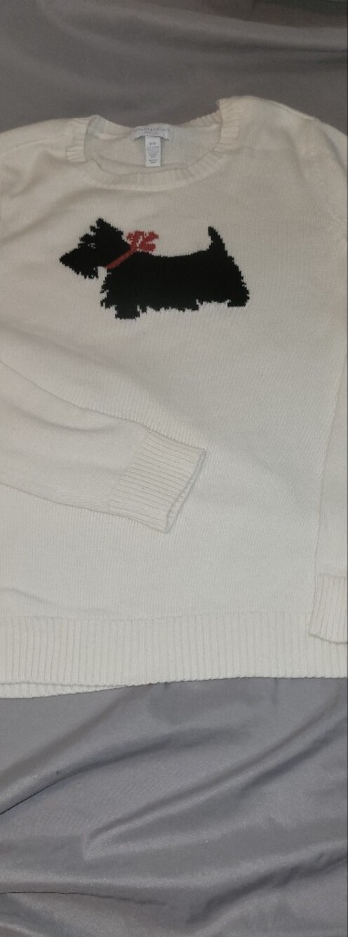 Women's petite, medium sweater with Scottie dog design.